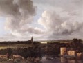 Un extenso paisaje con un castillo en ruinas y una iglesia de pueblo Jacob Isaakszoon van Ruisdael